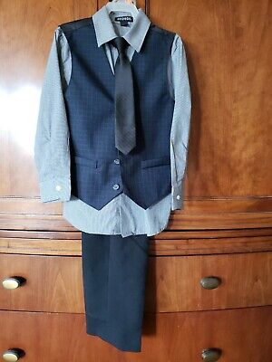 George boys suit set of 4, shirt vest pants tie, gray black dark blue, size 7