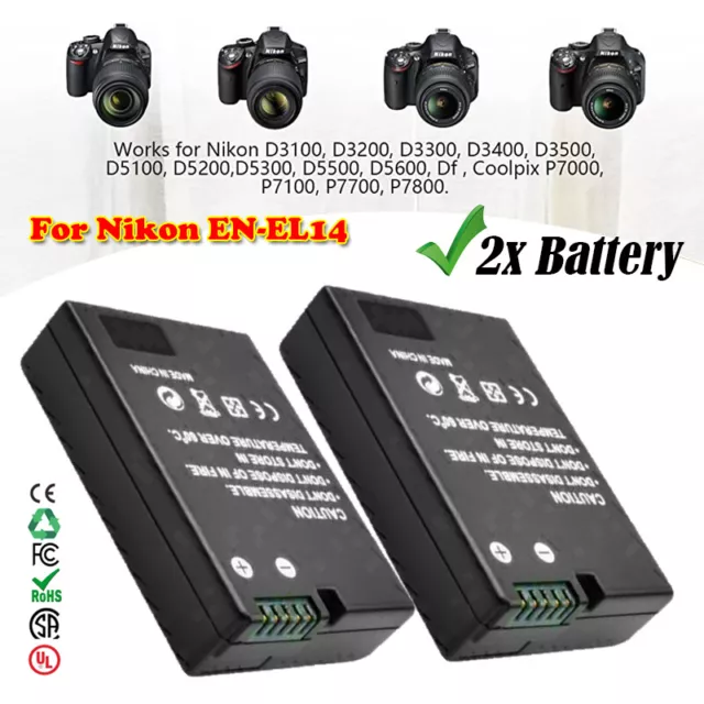 2Pack EN-EL14 Battery for Nikon D3100 D3200 D5100 D5200 P7000 P7100 P7700 P7800