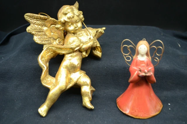 Pair of Vtg Angel/Cherub Figures-Gold & Red Pottery Angel Bell Ornament w/Bird