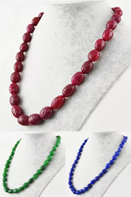 Earth Mined Single Strand Sapphire, Ruby & Emerald Oval Carved Beads Necklace