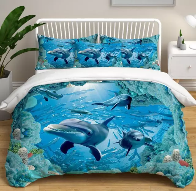 Seabed Laughing Dolphins Duvet Doona Cover Double Queen Bedding Set Quilt Cover