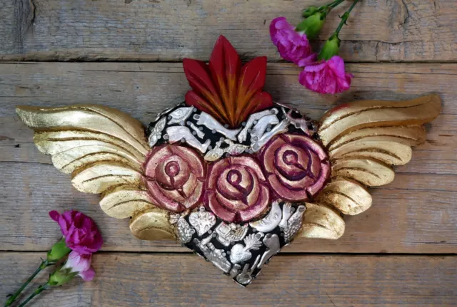 Sacred Heart Gold Wings Milagros Miracle Carved Roses Mexico Folk Art Love Token