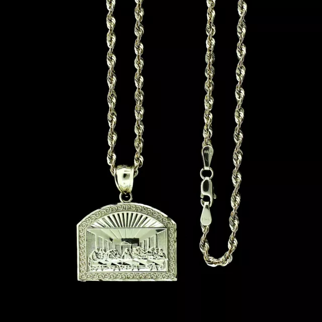 Mens Real 10K Yellow Gold Large Apostles Last Supper Pendant & 2.5mm Rope Chain