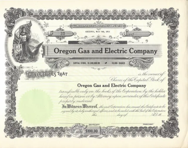 Oregon Gas And Electric Company....unissued Common Stock Certificate