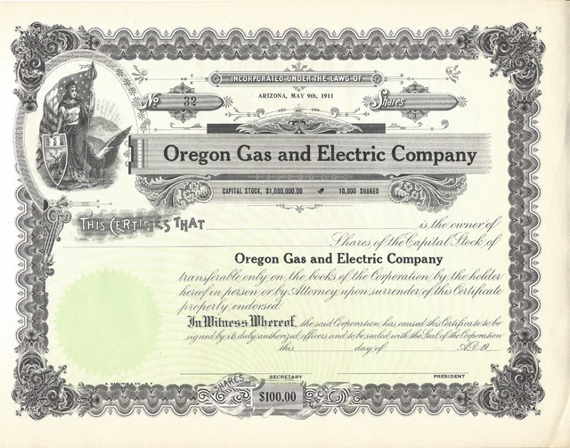 Oregon Gas And Electric Company....unissued Common Stock Certificate