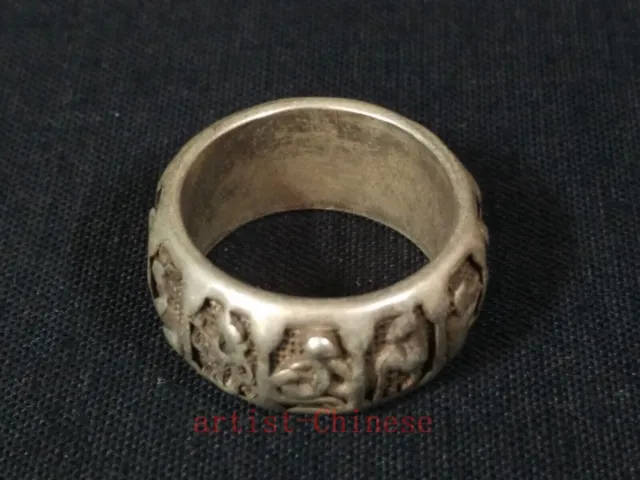 Unique Collection Old Chinese Tibet Silver Hand-made Zodiac Ring Wonderful Gift