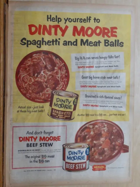 1953 full page newspaper ad for Dinty Moore Spaghetti, Beef Stew - Help Yourself