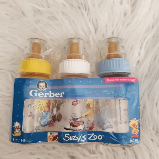 NEW 1998 Vintage Suzy Zoo Gerber Baby Bottles 5 Oz Plastic Silicone Nipples