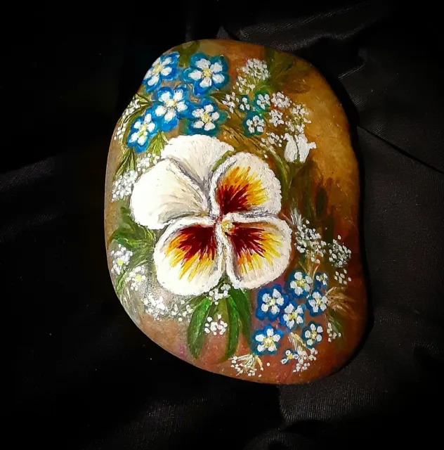 OOAK Hand Painted Pansy and other flora rock.
