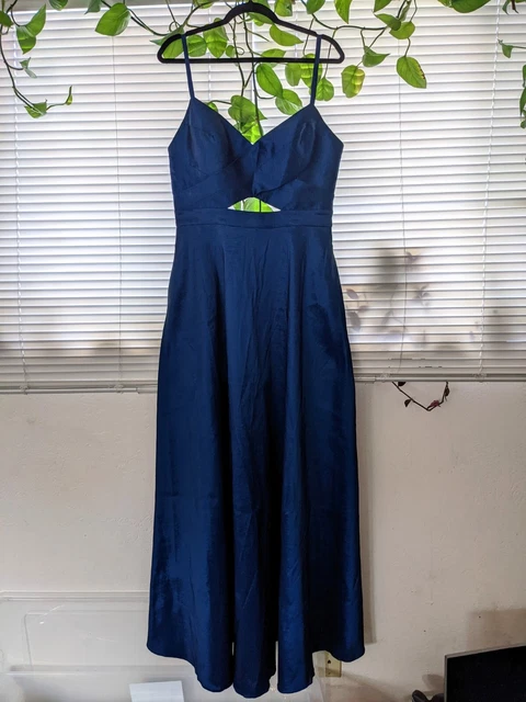 Dark midnight blue iridescent stretch taffeta cutout formal gown maxi dress L