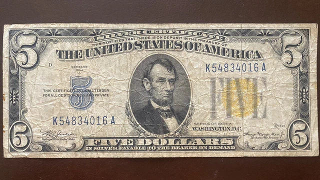 1934 A Five Dollar Silver Certificate NORTH AFRICA Note $5 Bill Cir. #56492