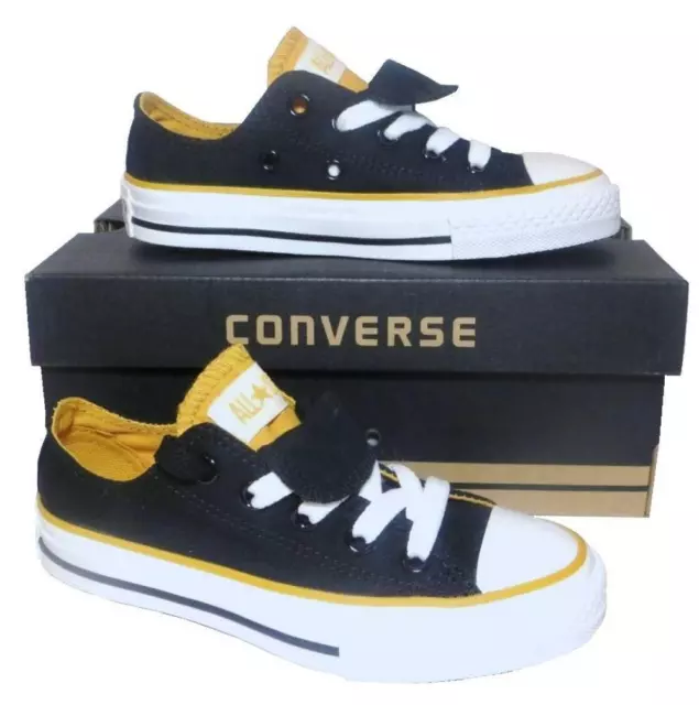 Scarpe da ginnastica bambini Converse All Star nere gialle doppia lingua taglia UK 10