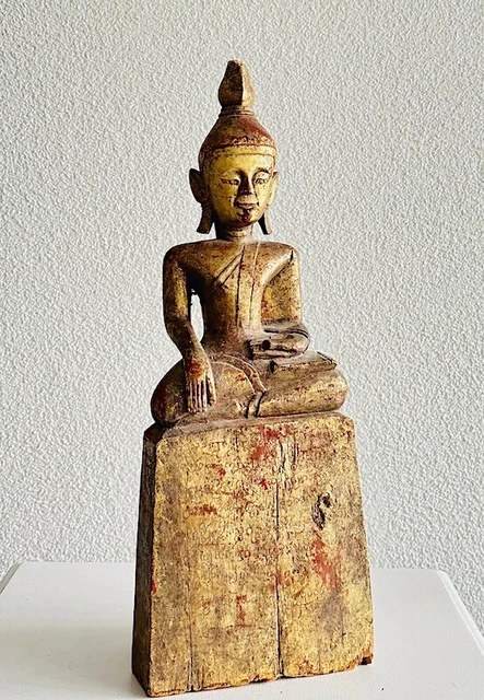Große Buddha Holz Figur antik Thailand Laos LanNa Gold Inschrift 18./19.Jhd.