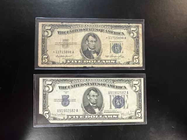 Lot Of 2, 1934 D & 1953 Star $5 Dollar Silver Certificates