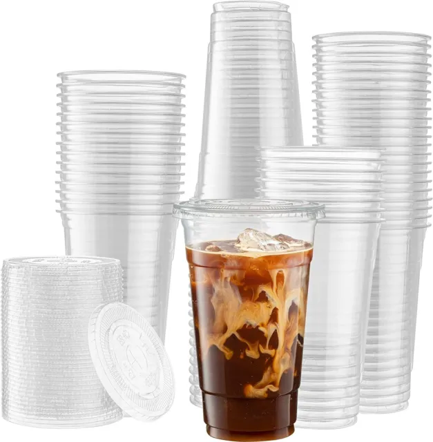 50 Sets - 24 Oz Crystal Clear PET Plastic Cups With Flat lids for Iced Coffee...