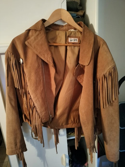 Gilet Veste Navajo Vintage En Cuir De Daim – Franges Et Perles, Style Western Années 80/90 – Taille S, Occasion Très Bon état