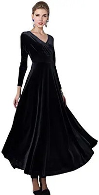 Urban CoCo Women Long Sleeve V-Neck Velvet Stretchy Long Dress Black XX-Large