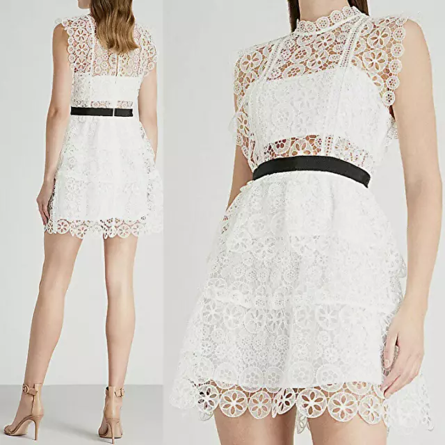 Self-Portrait White Lace Tiered Mini Dress  US 2 / UK 6 MSRP $440 New With Tags
