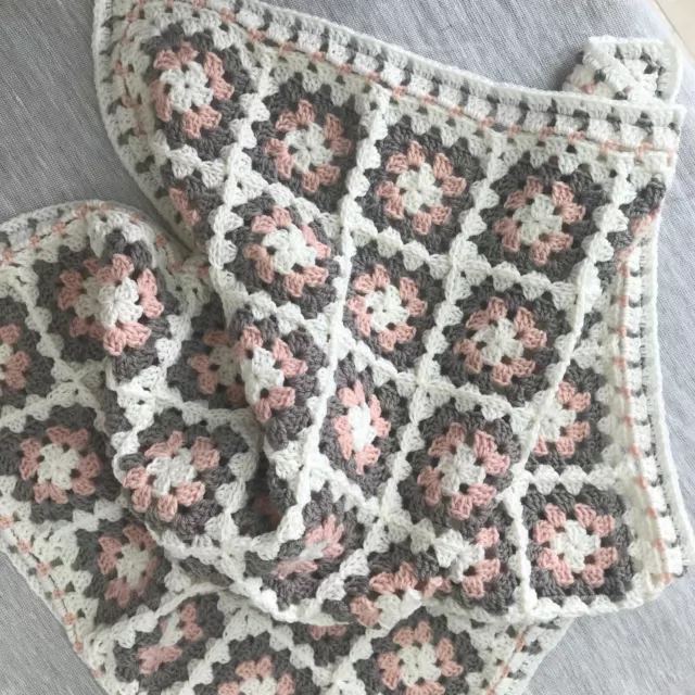 Baby Blanket Crochet Granny Square Blush Pink, Light Brown Grey and Cream 2