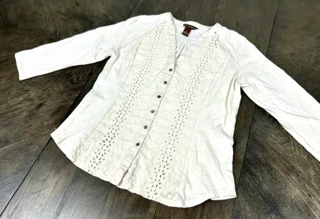 BIT & BRIDLE Cream Gauzy Blouse Lace Button Up 3/4 Sleeve Size Small ...