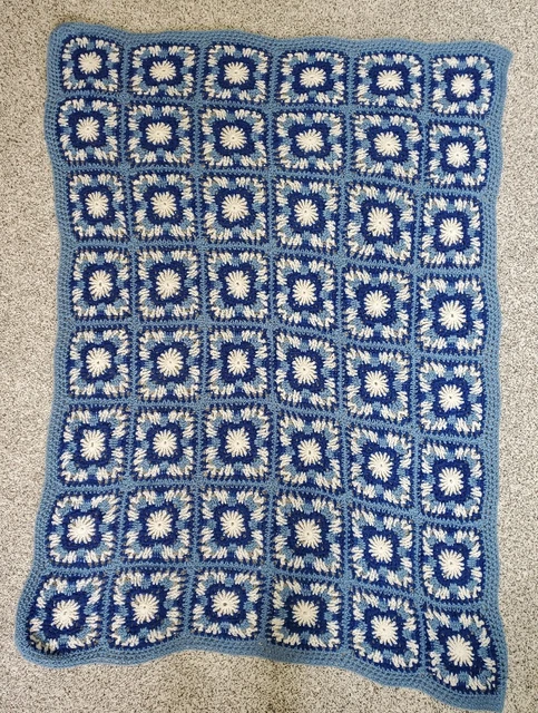 Handmade Crochet Afghan Baby Blanket Blue White Navy Squares 58"x 42"
