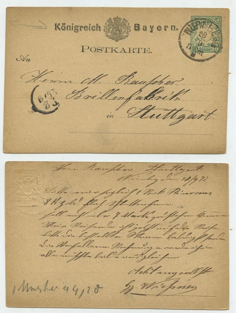 68337 - Bayern Ganzsache P 8 - Postkarte - Nürnberg 28.9.1877 nach Stuttgart