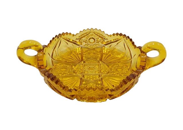Vintage Amber Brilliant Cut Glass Bowl/Candy Dish Sawtooth Rim Deeply Cut Thick