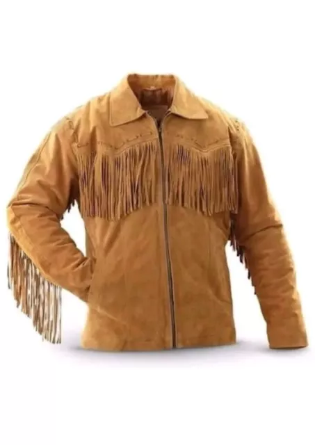 Mens Native American Western Wear Brown Suede Leather Jacket Fringes Beads