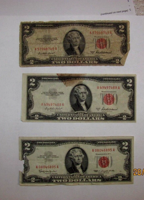 Lot of 2 1953 & 1 63 Two Dollar Bills • Well Circulated Red Seal Notes • 3 Bills