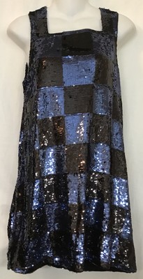 Alice And Olivia Short Tank Dress Sleeveless Blue Sequined Square Pattern Size S