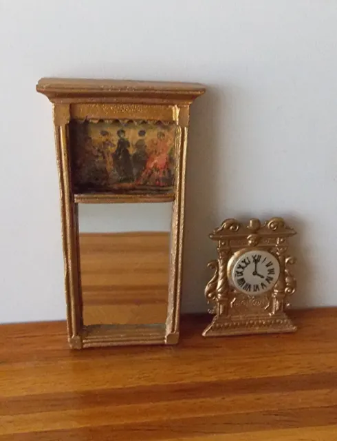 Vtg. Heavy Cast Pewter Dollhouse Miniature 1:12 Scale Wall Mirror & Mantel Clock