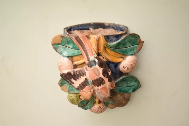 Antique Wall-Mount/Hanging Flower Vase Pottery Earthenware Majolica Bird Fruit"3