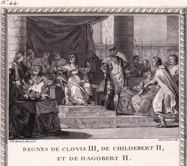 Gravure XVIIIe Règnes Clovis IV Francs Childebert Bourgogne Dagobert Austrasie