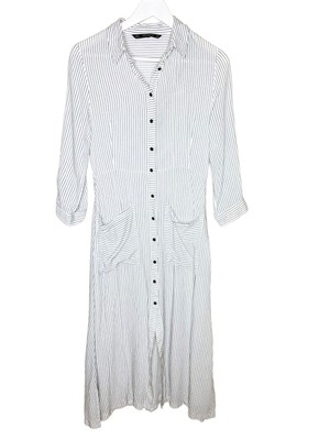 Zara White Pinstriped Midi-Length Shirt Dress, Size Small