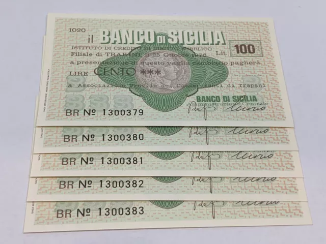 n 5 miniassegni banco di sicilia lire 100 fds consecutivi