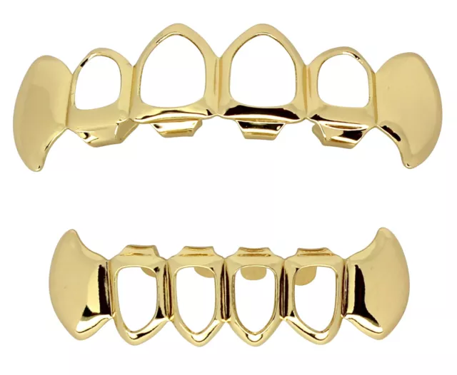 Fangs Open Face Custom Fit 14k Gold Plated Top Bottom Set Teeth Grillz