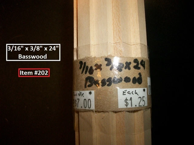 Dollhouse Scale Lumber Basswood 3/16" x 3/8" x 24" BUNDLE! Item "202".