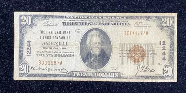 1929 $20 Asheville North Carolina National Note Ch#12244