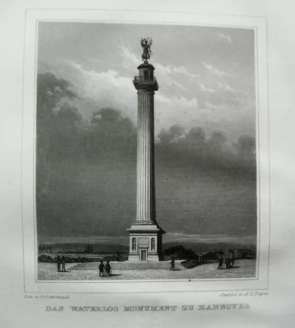 Hannover Niedersachsen Waterloo Monument echter alter Stahlstich 1842