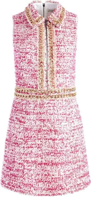 NWT Alice + Olivia Ellis Mini Dress Pink White Gold Chain Trim Zip Front 12 $495