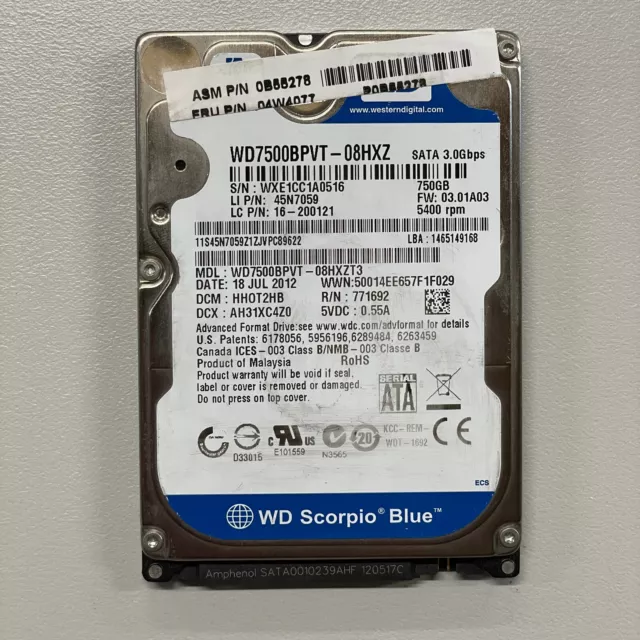 WD Scorpio Blue 750GB 2.5" SATA HDD 3.0Gbps 5400 RPM 8MB Cache WD7500BPVT