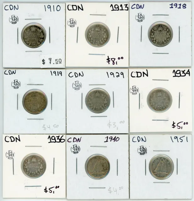 1910 to 1951 Canada 10 Cents Silver Lot of 9 #17445