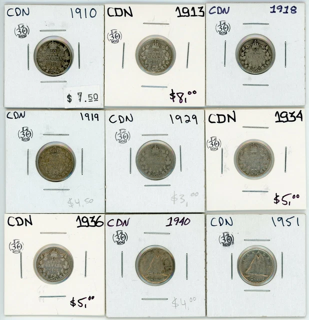 1910 to 1951 Canada 10 Cents Silver Lot of 9 #17445