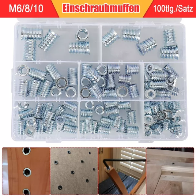 100x Einschraubmuffen M6 M8 M10 Einschraubmutter Eindrehmuffen Innensechskant DE