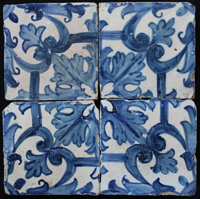 4 original antique Portuguese tiles 17th century Azulejos