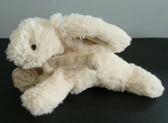*. DOUDOU ET COMPAGNIE PELUCHE LAPIN BONBON BLANC ECRU TAUPE NOEUD 18cm TBE