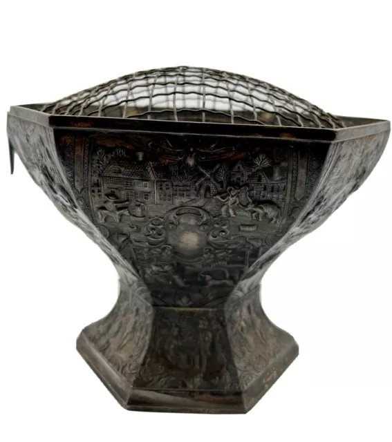 Antique Victorian Derby Repousse Silver Plate Case/Compote w/Flower Frog