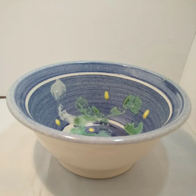 SIGNED Handcrafted Art Pottery Bowl Inner Drip Glaze Vtg Blue/Green/Yellow