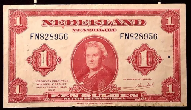 Netherlands 1943 1 Gulden  Banknote  Inv#B10144