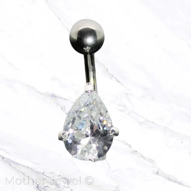 14G Real Solid Sterling Silver Tear Drop Cz 316L Ss Banana Belly Navel Ring Bar